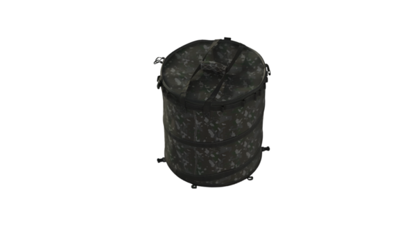 Yuvarlak, katlanabilir bir konteynır. Kamuflaj desenli. Organize eşyalar için uygun..