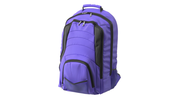 Kitapları ve kişisel eşyaları taşımak için tasarlanmış birden fazla bölmesi olan mor bir sırt çantası..