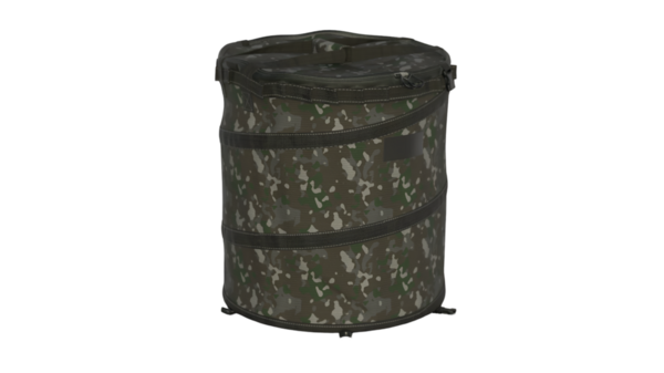 Açık hava ya da askeri kullanım için tasarlanmış kapaklı yuvarlak bir kamuflaj konteynırı..