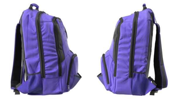 İki açılı mor bir sırt çantası tasarımı ve kompartımanlarını gösteriyor..