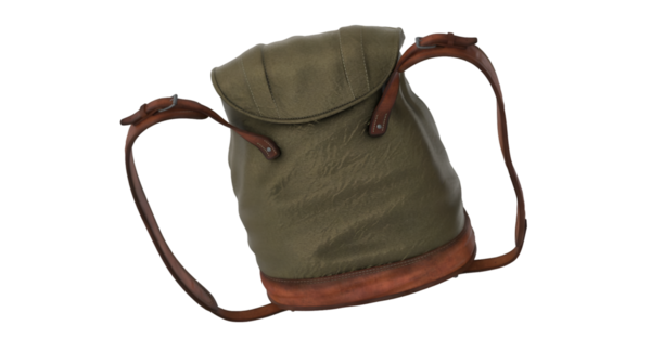 Seyahat sırasında veya dışarıda kişisel eşyalar taşımak için tasarlanmış deri kayışlı yeşil bir sırt çantası..