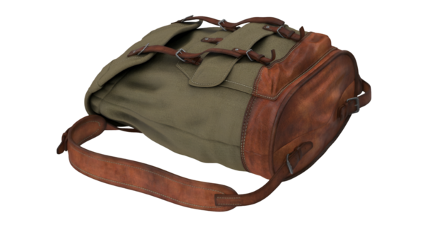 Deri aksanlı, engebeli bir sırt çantası. Açık hava maceraları ya da seyahat için uygun..