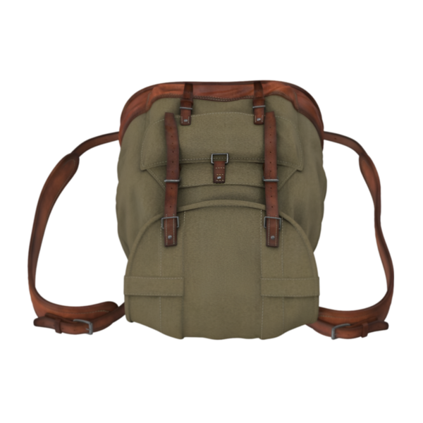 Deri kayışlı klasik bir sırt çantası, seyahat ve açık hava aktiviteleri için uygun..