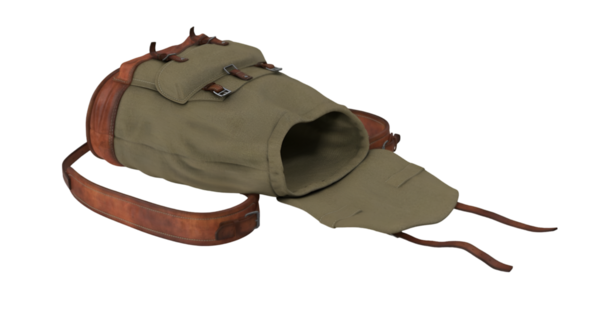 Askeri tarzda deri aksanlı ve ayarlanabilir kayışlı bir sırt çantası..