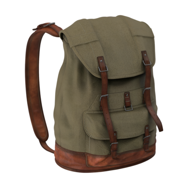 Kumaş gövde ve deri aksanlı şık bir sırt çantası, seyahat ve açık hava aktiviteleri için ideal..
