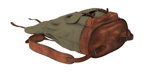 Açık hava kullanımı için tasarlanmış branda ve deri kombinasyonu içeren engebeli bir sırt çantası..