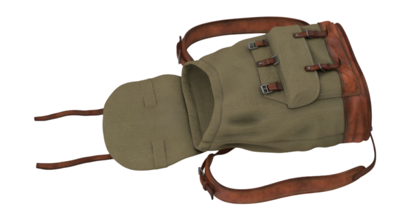 Deri kayışlı, çoklu cepli engebeli bir sırt çantası. Açık hava maceraları için ideal..