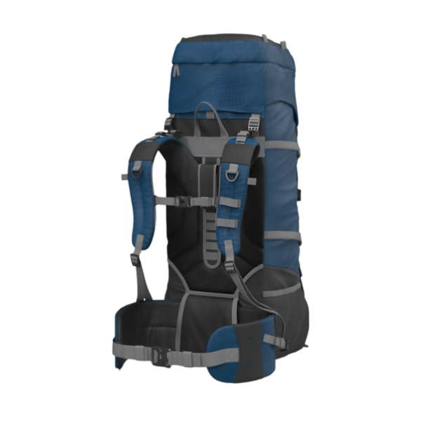 Uzun yürüyüşler ve kamp gezileri için ideal, çoklu destek kayışları ve kompartımanları içeren büyük mavi ve siyah bir sırt çantası. Kaba koşullara dayanmak için dayanıklı malzemelerle yapıldı.