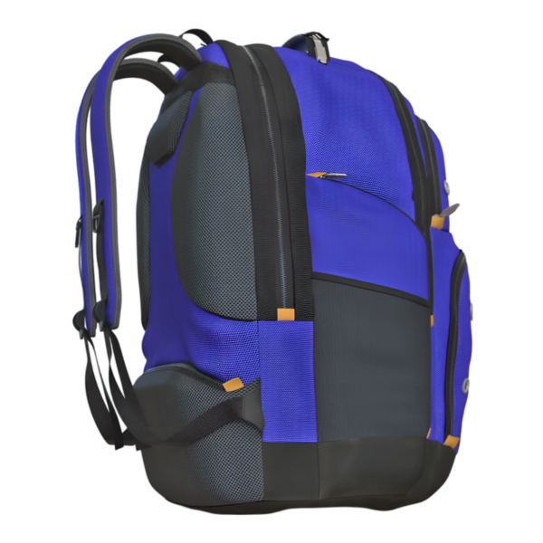Ergonomik tasarımı olan mavi ve siyah bir sırt çantası. Seyahat, okul ve iş gibi çeşitli aktiviteler için uygun. Birden fazla cebi ve kolay taşınacak sağlam bir sapı var.