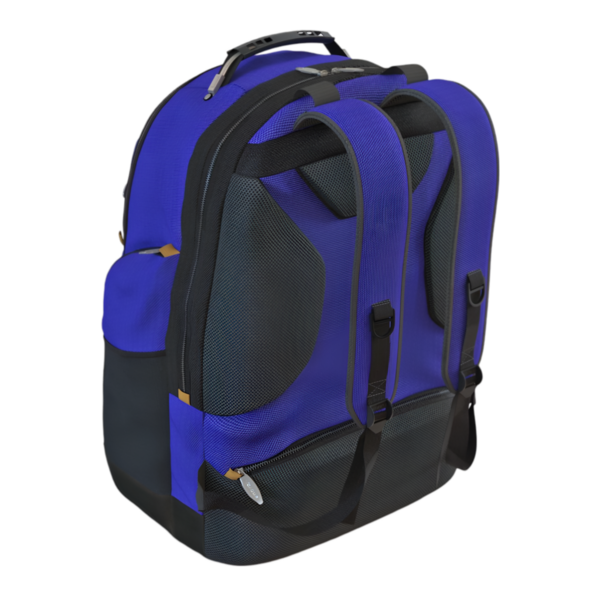 Profesyoneller için tasarlanmış mavi ve siyah bir dizüstü bilgisayar çantası, yastıklı kayışlar ve düzenleme aletleri ve belgeler için birden fazla kompartıman. İş ve seyahat için ideal