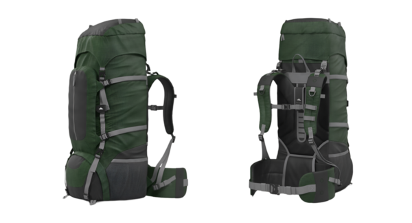 Yüksek kapasiteli yeşil ve siyah bir sırt çantası. Birden fazla kompartıman ve açık hava maceraları sırasında daha fazla destek ve konfor için kayışlar içeriyor.