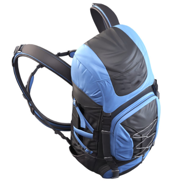 Pürüzsüz mavi ve siyah bir sırt çantasının üst görüntüsü geniş bölmeleri ve ideal depolama kapasitesi için modern tasarımı vurguluyor