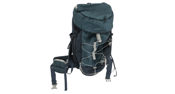 Birden fazla cebi olan parlak mavi ve siyah bir sırt çantasının açılı görüntüsü ve uygun konfor ve depolama kapasitesi için ayarlanabilir kayışlar