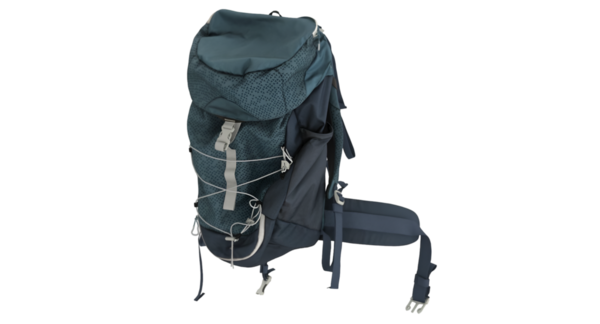 Ayarlanabilir kayışlara ve ideal konfor ve depolama kapasitesi için çoklu ceplere sahip parlak mavi ve siyah bir yürüyüş çantasının yan görünümü