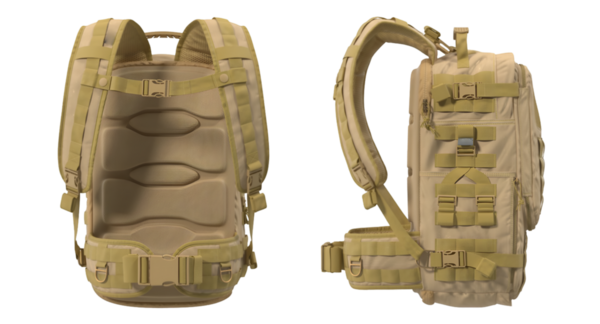 Birden fazla kompartıman ve Molle sistemli bronz bir sırt çantası. Askeri ve açık hava aktiviteleri için mükemmel. Dayanıklılık ve geniş depolama kapasitesi için inşa edilmiş.
