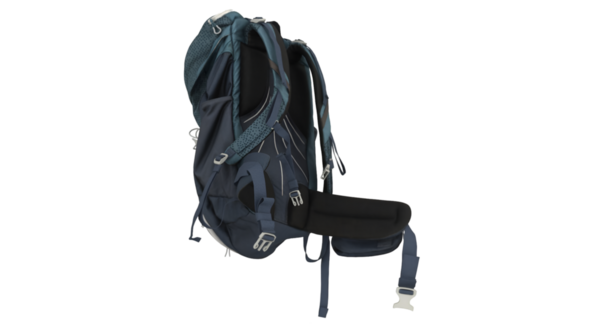 Ergonomik destek ve çoklu bölmeler içeren açık hava aktiviteleri için tasarlanmış bir sırt çantasının yan görüntüsü.