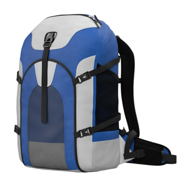 Açık hava aktiviteleri ve seyahat için tasarlanmış mavi ve beyaz bir sırt çantası..