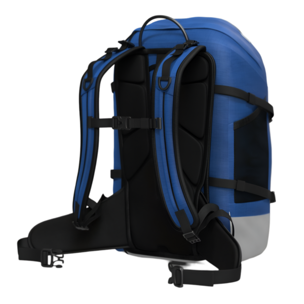 Açık hava aktiviteleri için tasarlanmış mavi ve siyah bir sırt çantası, ayarlanabilir kayışlar ve parlak bir tasarım..