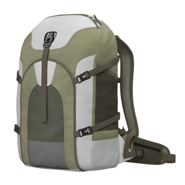 Açık hava aktiviteleri için tasarlanmış, renklerin ve işlevsel kayışların karışımından oluşan modern bir sırt çantası..