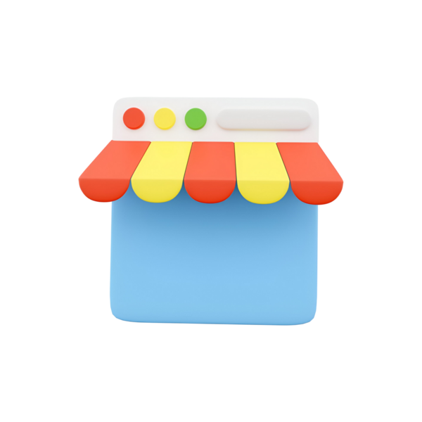 Renkli tenteli bir mağaza vitrininin çizimi, represen