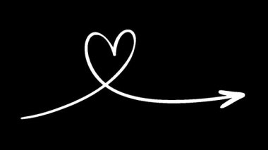 Canlandırılmış el çizimi ok siyah arka planda bir kalbe doğru hareket eder, romantik bir kavram.