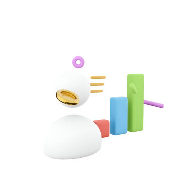 Geometrik şekiller ve canlı renklerden oluşan kuş benzeri bir figürün oyuncu ve soyut bir tasviri.