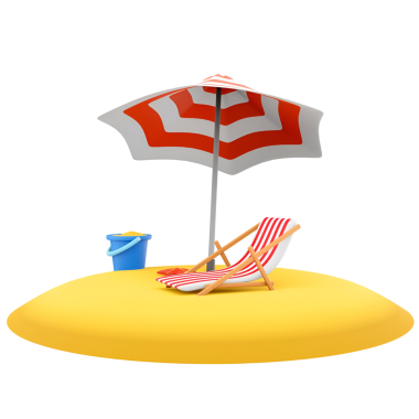 Plaj sahnesinde çizgili bir şezlong, büyük bir şemsiye, ve kumlu bir yüzey üzerinde bir kova, rahatlama ve rahatlama çağrıştıran.