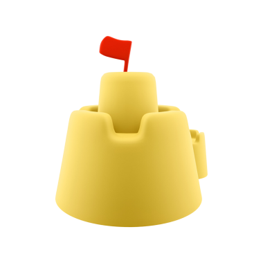 Kumda eğlenceli yapılar yaratmak için tasarlanmış kırmızı bayraklı sarı kumdan kale kalıbı..