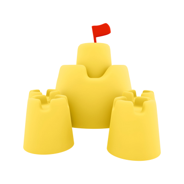 Kumsalda eğlence ve yaratıcılığı temsil eden kırmızı bayraklı sarı bir kumdan kale..