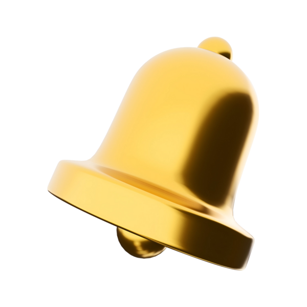 Uyarı ya da tebligatı sembolize eden parlak altın bir çan, genellikle hizmet veya kutlama gibi çeşitli bağlamlarda kullanılır..