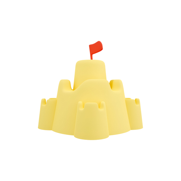Üzerinde kırmızı bayrak olan sarı kumdan kale oyuncağı plaj oyunları ve yaratıcı aktiviteler için mükemmel..