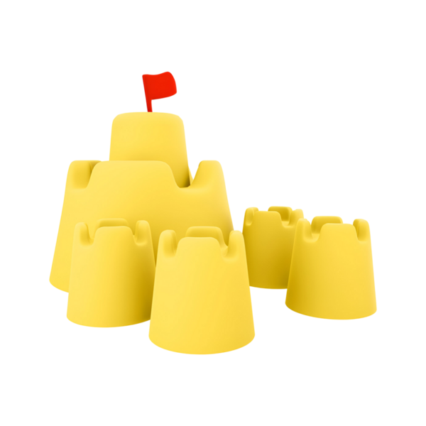 Kırmızı bayraklı sarı bir kumdan kale, eğlenceli plaj aktivitelerini simgeliyor..