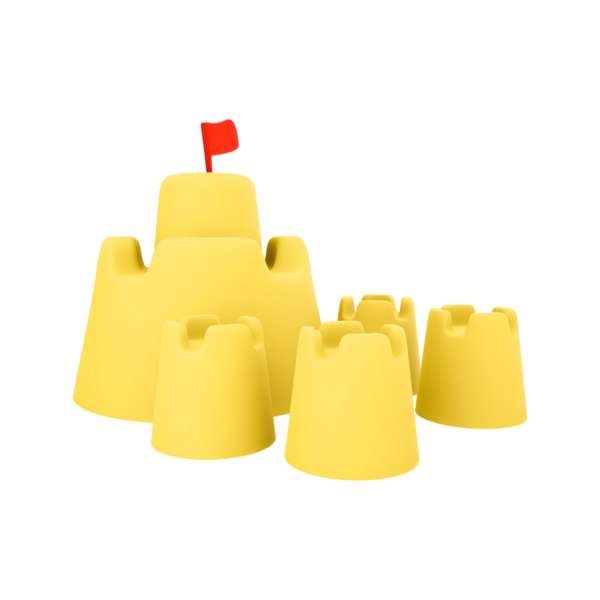 Küçük kırmızı bayrağı olan renkli bir kumdan kale, eğlenceli plaj aktiviteleri için tasarlanmış..