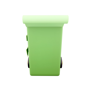 Atık imhası için tasarlanmış yeşil bir çöp kutusu, hareket kabiliyeti için tekerlekler ve içeriği kapatmak için bir kapak.