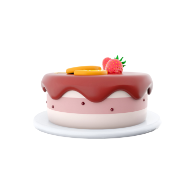 Çilek ve portakal dilimleriyle kaplı, çikolata kaplı, katmanlı, pembe ve beyaz kremalı lezzetli bir pasta..