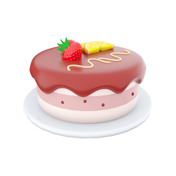 Üzerinde çilek ve bir dilim meyve olan renkli bir pasta, tatlı ve kutlamalar için ideal bir tabakta sunuluyor..