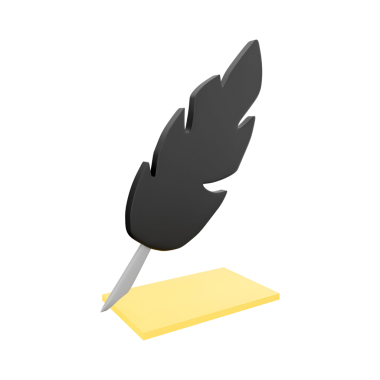 Sarı bir tabanda duran, yazı ve yaratıcılığı sembolize eden stilize edilmiş siyah bir kalem..