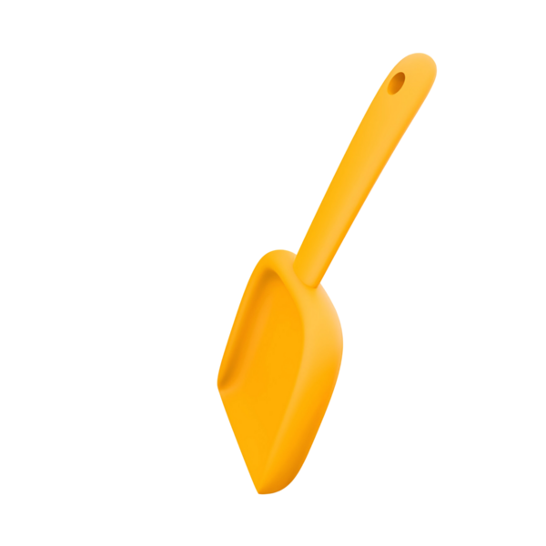 Bahçe işleri ya da hayvan bakımı için tasarlanmış parlak turuncu bir kepçe..