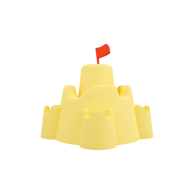 Üzerinde kırmızı bayrak olan sarı kumdan kale oyuncağı plaj oyunları ve yaratıcı aktiviteler için mükemmel..