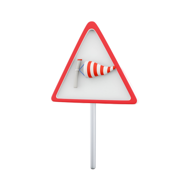 Rüzgârlı hava koşullarını gösteren, rüzgârlı bir rüzgârlık içeren üçgen uyarı işareti..