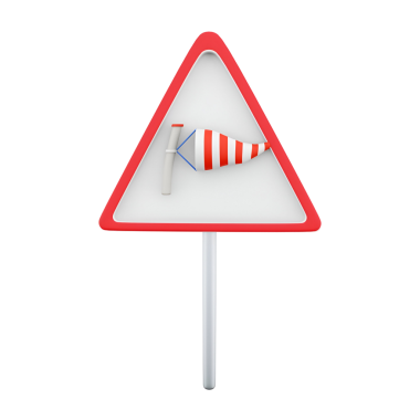 Güçlü rüzgarları gösteren üçgen bir uyarı işareti. Kırmızı ve beyaz çizgili bir rüzgar çorabı..