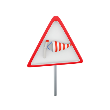 Rüzgâr koşullarını gösteren üçgen bir uyarı işareti. Rüzgâr yağı sembolü içeriyor..