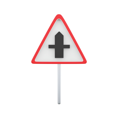 Kırmızı kenarlı beyaz arka planda siyah bir sembolün yer aldığı kesişme ya da kesişme noktasını gösteren üçgen bir yol işareti..