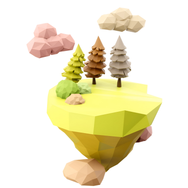 Yüzen bir adada ağaçların ve bulutların yer aldığı tuhaf, düşük polenli bir manzara yaratıcılık ve hayal gücünü çağrıştırıyor..