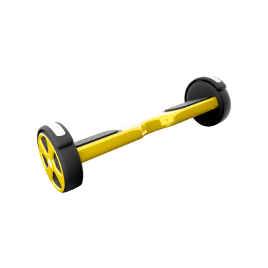 Kişisel ulaşım ve eğlence için tasarlanmış siyah tekerlekleri olan sarı bir uçan kaykay..