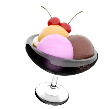 Camdan bir tabakta sunulan renkli bir dondurma, üç kepçe farklı aromalı ve üzeri kirazlı..