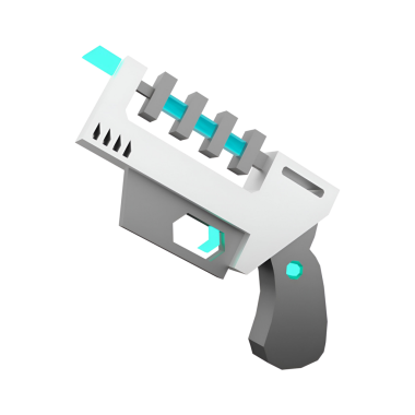 Pırıl pırıl tasarımı ve parlak aksanı olan fütüristik görünümlü bir tabanca. Muhtemelen bir bilim kurgu oyunu ya da konsept sanatı için tasarlanmış..