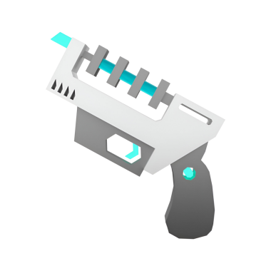 Fütürist, stilize bir silah tasarımı. Parlak çizgiler ve canlı bir renk aksanı var..