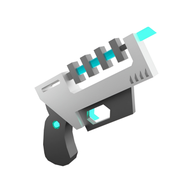 Zarif çizgiler ve canlı aksanlar içeren stilize bir gelecekçi silah tasarımı..