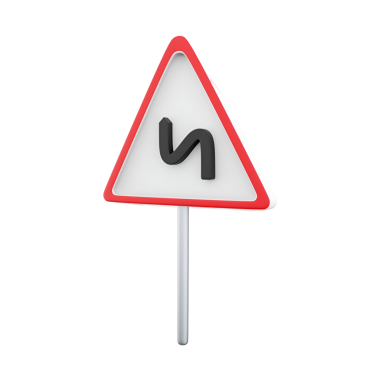 Sürücüler için keskin bir virajı gösteren üçgen bir trafik işareti.